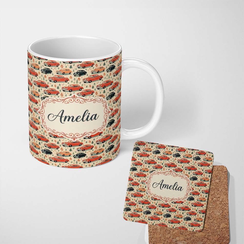 Personalized Custom Name Festive Vintage Cars Holiday Pattern Seamless Custom Name Cute 11oz Ceramic Coffee Tea Mug White Large Handle