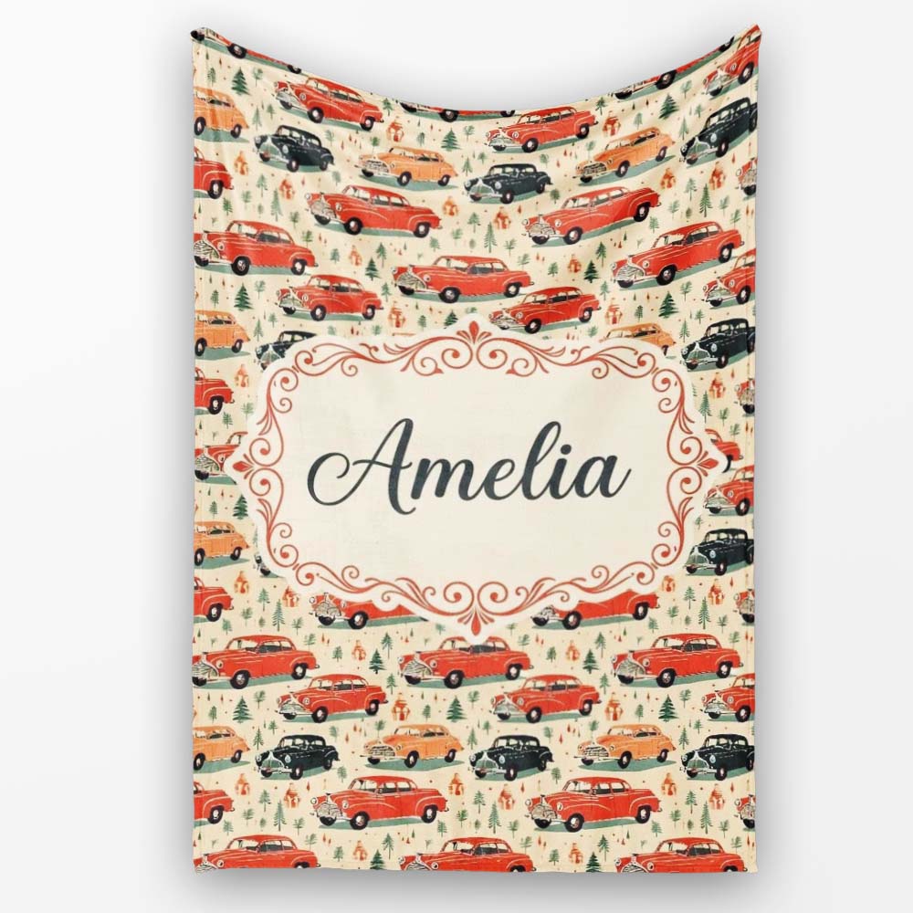 Festive Vintage Cars Holiday Pattern Seamless  Cute  Personalised Custom Name Super Soft Fleece Blanket Bed Sofa Throw