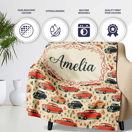 Festive Vintage Cars Holiday Pattern Seamless  Cute  Personalised Custom Name Super Soft Fleece Blanket Bed Sofa Throw