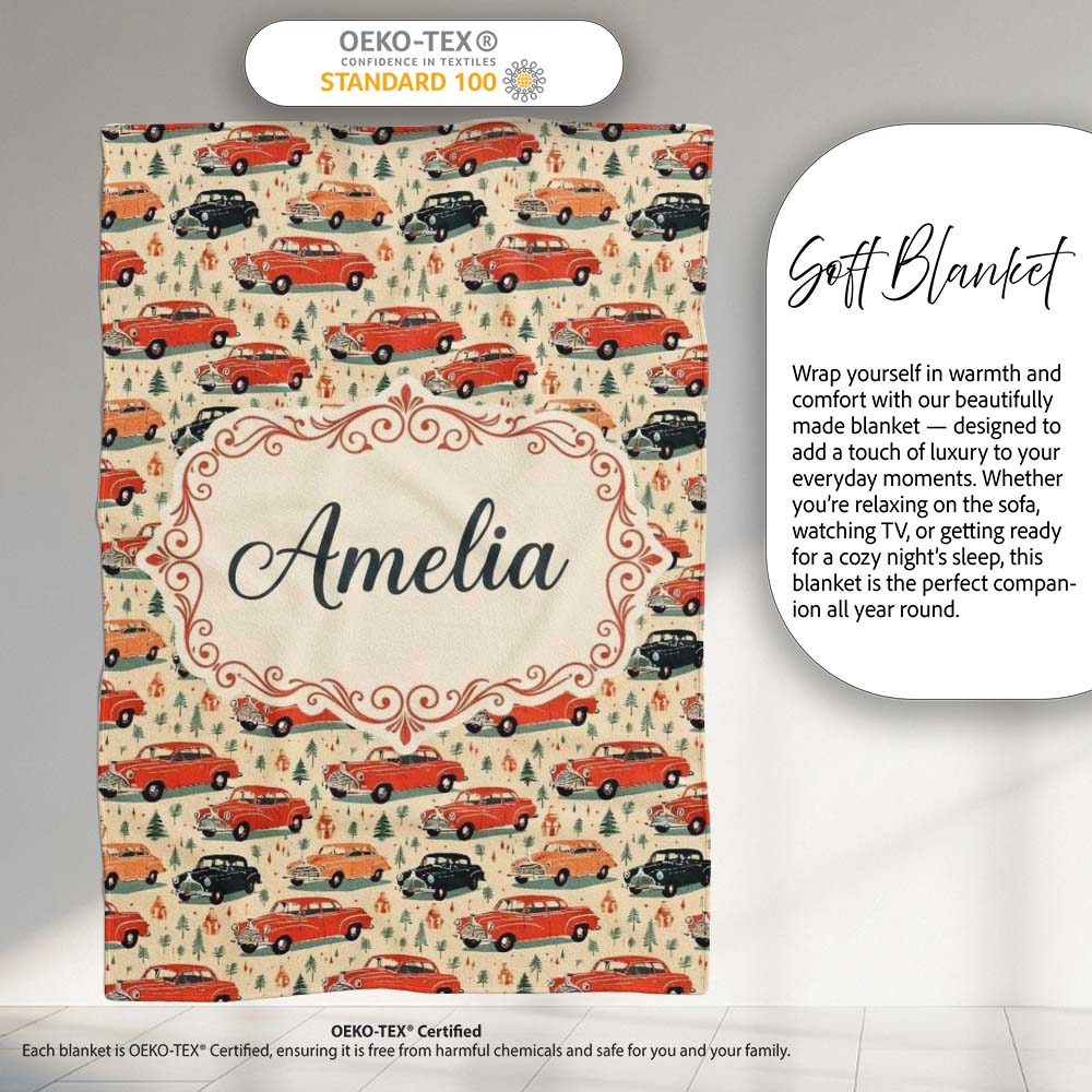 Festive Vintage Cars Holiday Pattern Seamless  Cute  Personalised Custom Name Super Soft Fleece Blanket Bed Sofa Throw
