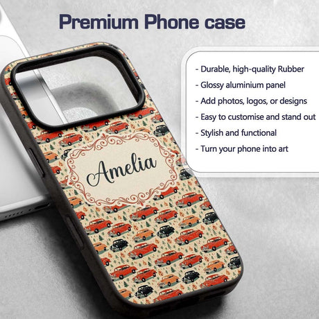 Festive Vintage Cars Holiday Pattern Seamless Custom Name Protective Phone Case Mobile Cover Durable Everyday Smartphone Shock Resistant