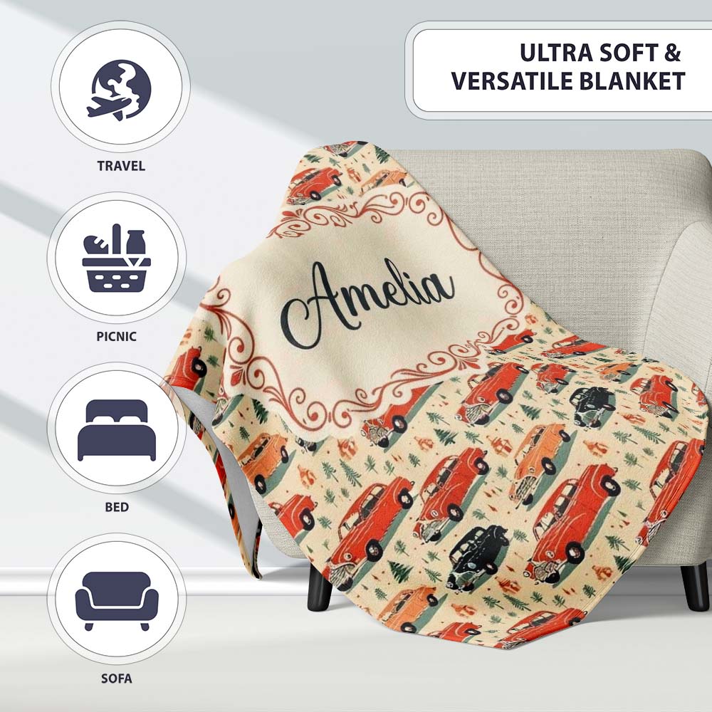 Festive Vintage Cars Holiday Pattern Seamless  Cute  Personalised Custom Name Super Soft Fleece Blanket Bed Sofa Throw