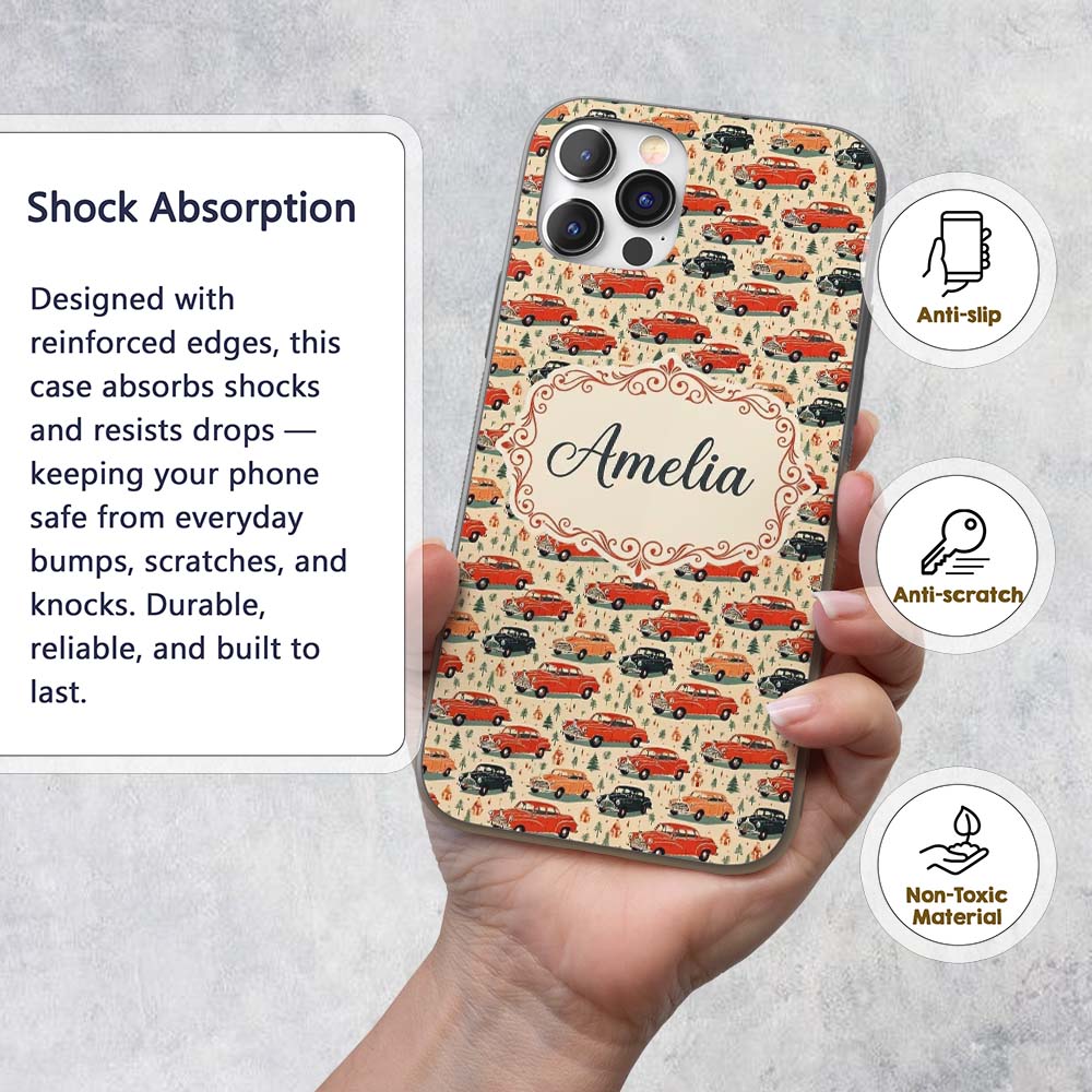 Festive Vintage Cars Holiday Pattern Seamless Custom Name Protective Phone Case Mobile Cover Durable Everyday Smartphone Shock Resistant