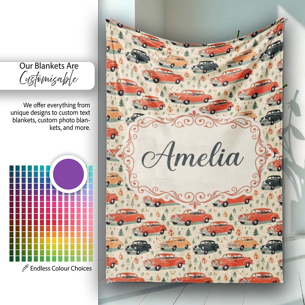 Festive Vintage Cars Holiday Pattern Seamless  Cute  Personalised Custom Name Super Soft Fleece Blanket Bed Sofa Throw