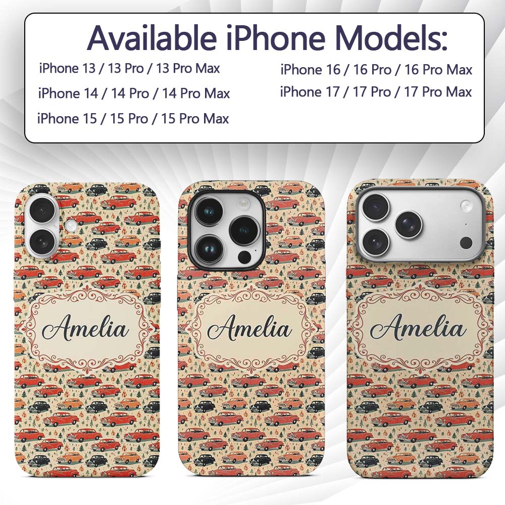 Festive Vintage Cars Holiday Pattern Seamless Custom Name Protective Phone Case Mobile Cover Durable Everyday Smartphone Shock Resistant