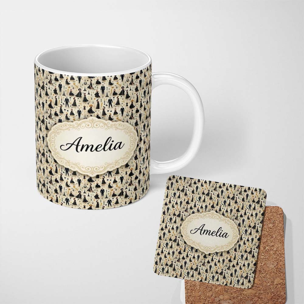 Personalized Custom Name Elegant Black Dress Fashion Figures Pattern Seamless Name Cute 11oz Ceramic Coffee Tea Mug White Large Handle