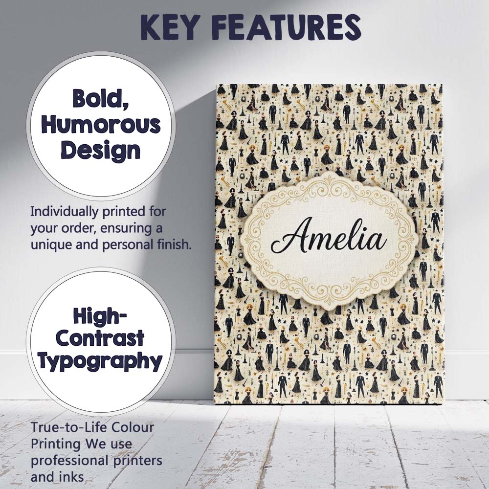Personalised Name Elegant Black Dress Custom Modern Room Accent Creative Decorator Style Canvas Wall Art Print Decor Picture Ready to Hang
