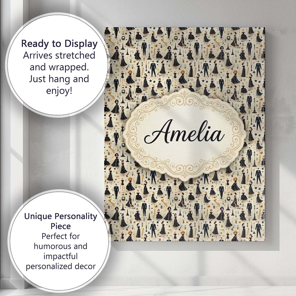 Personalised Name Elegant Black Dress Custom Modern Room Accent Creative Decorator Style Canvas Wall Art Print Decor Picture Ready to Hang