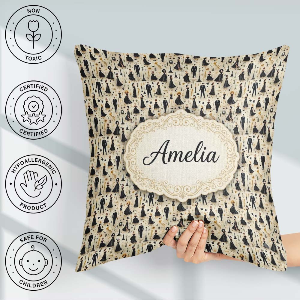 Custom Name Elegant Black Dress Fashion Figures Pattern Seamless Square Filled Cushion Throw Pillow Sofa Bed Home Decor Zip Washable UK Made