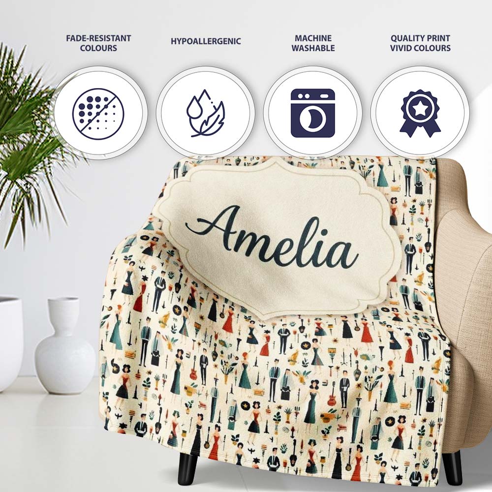Retro Party People Music Fashion Pattern Seamless Name Cute Unique  Personalised Custom Name Super Soft Fleece Blanket Bed Sofa Throw