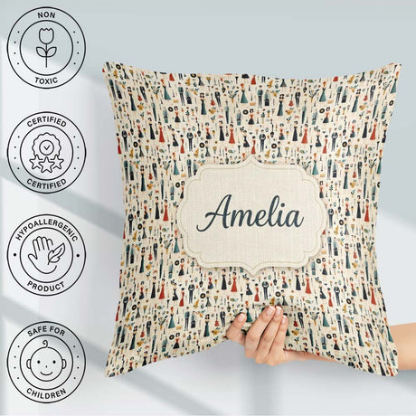 Custom Name Retro Party Music Fashion Pattern Seamless Name Cute Square Filled Cushion Throw Pillow Sofa Bed Home Decor Zip Washable UK Made