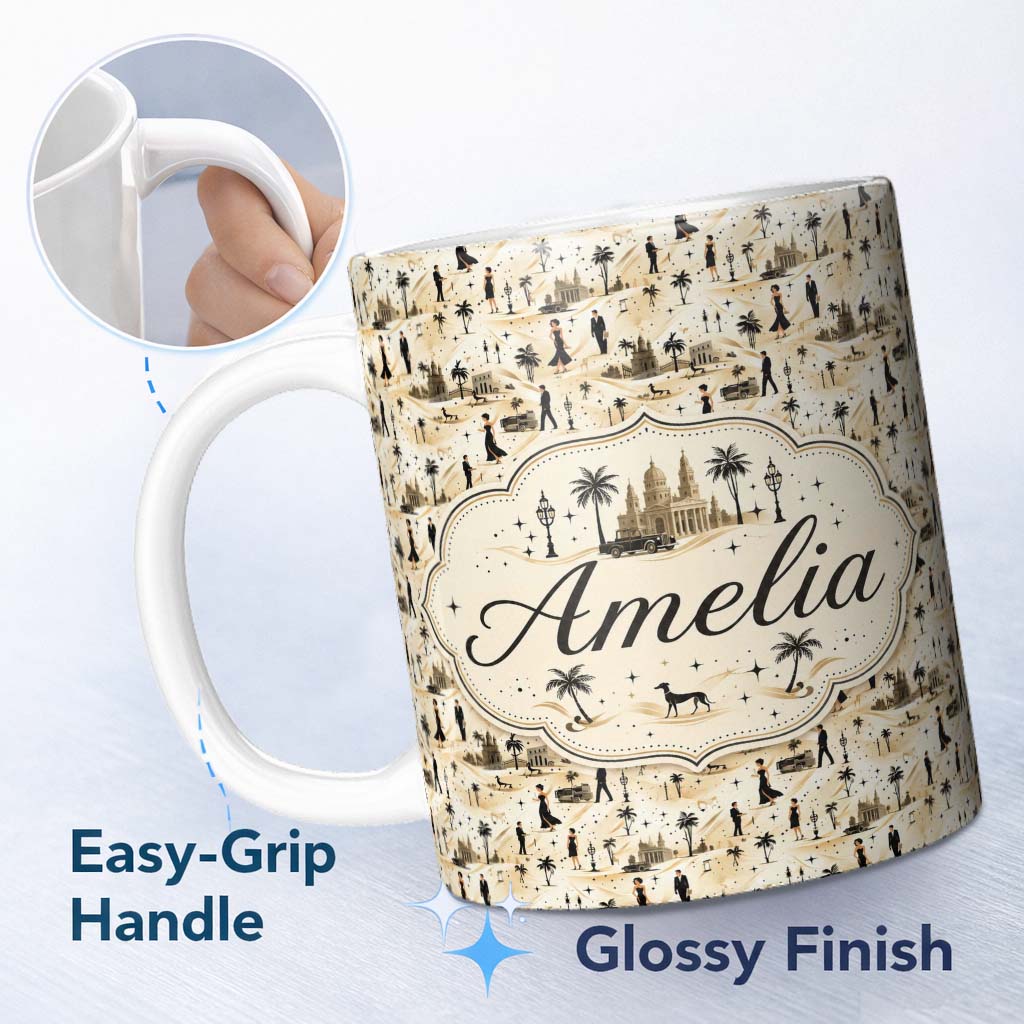 Personalized Custom Name Vintage Desert Scene Couples and Landmarks Pattern Seamless Name 11oz Ceramic Coffee Tea Mug White Large Handle