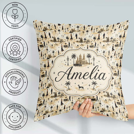 Custom Name Vintage Scene Couples and Landmarks Pattern Seamless Square Filled Cushion Throw Pillow Sofa Bed Home Decor Zip Washable UK Made