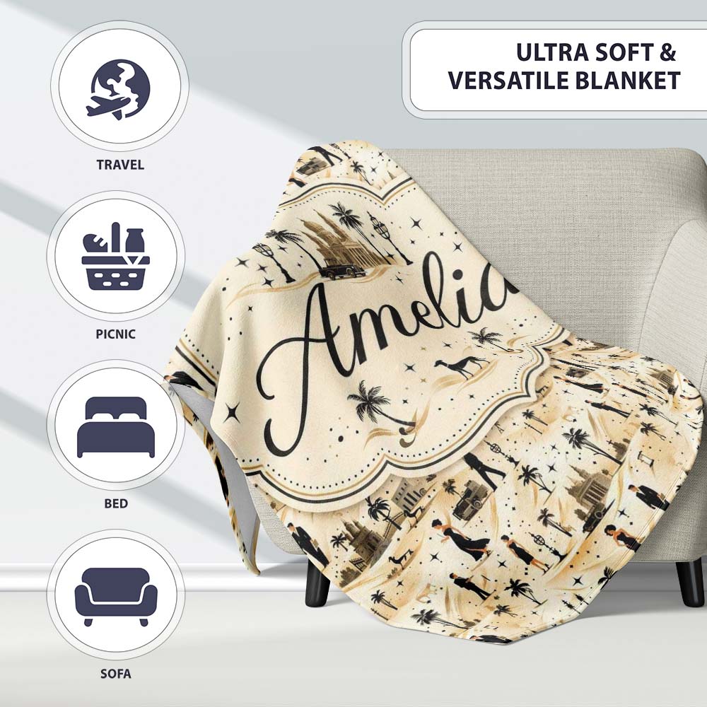 Vintage Desert Scene Couples and Landmarks Pattern Seamless Name  Personalised Custom Name Super Soft Fleece Blanket Bed Sofa Throw