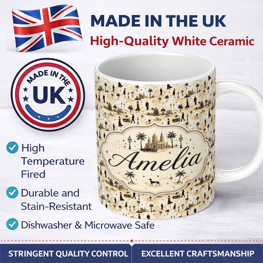 Personalized Custom Name Vintage Desert Scene Couples and Landmarks Pattern Seamless Name 11oz Ceramic Coffee Tea Mug White Large Handle