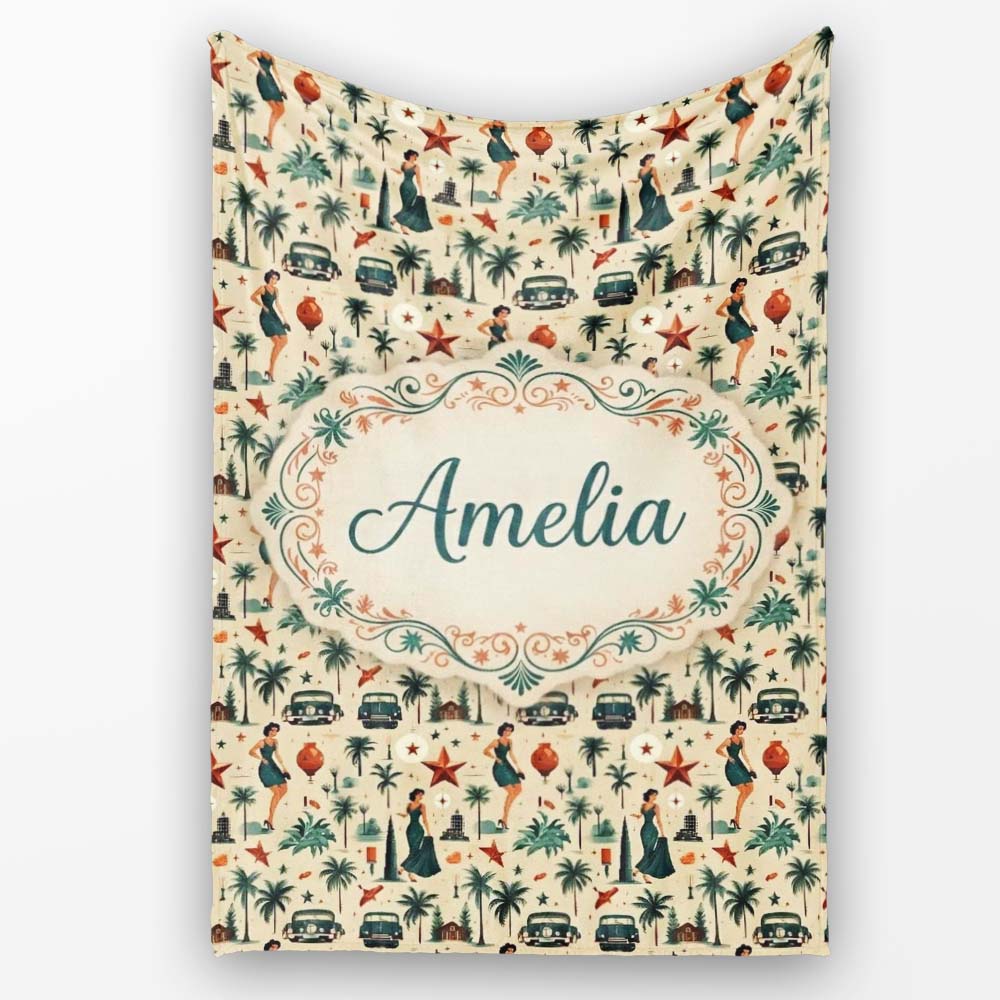 Retro Mid Century Fashion Cars and Palm Trees Seamless Pattern Name  Personalised Custom Name Super Soft Fleece Blanket Bed Sofa Throw