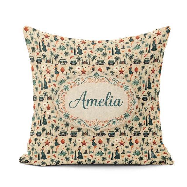 Custom Name Retro Mid Century Fashion Cars and Palm Pattern Name Square Filled Cushion Throw Pillow Sofa Bed Home Decor Zip Washable UK Made