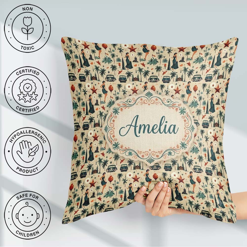 Custom Name Retro Mid Century Fashion Cars and Palm Pattern Name Square Filled Cushion Throw Pillow Sofa Bed Home Decor Zip Washable UK Made