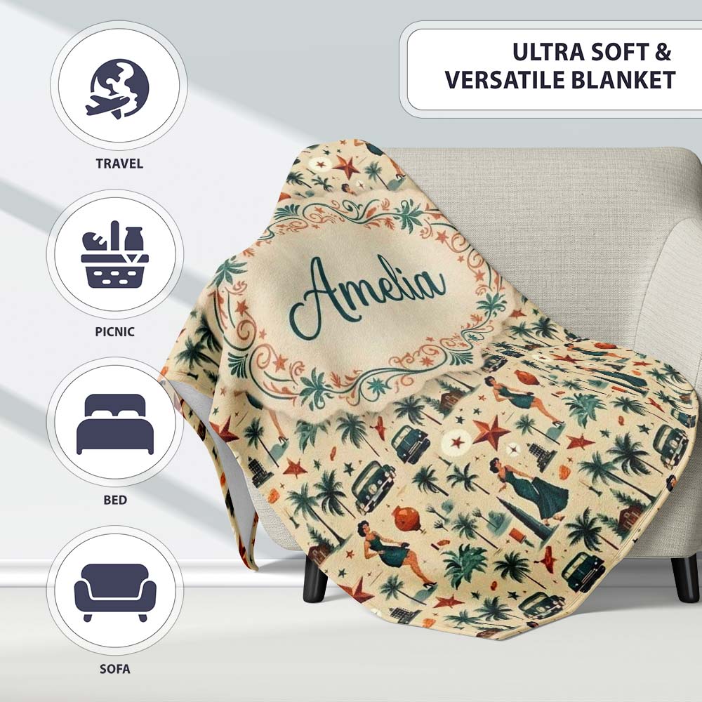 Retro Mid Century Fashion Cars and Palm Trees Seamless Pattern Name  Personalised Custom Name Super Soft Fleece Blanket Bed Sofa Throw