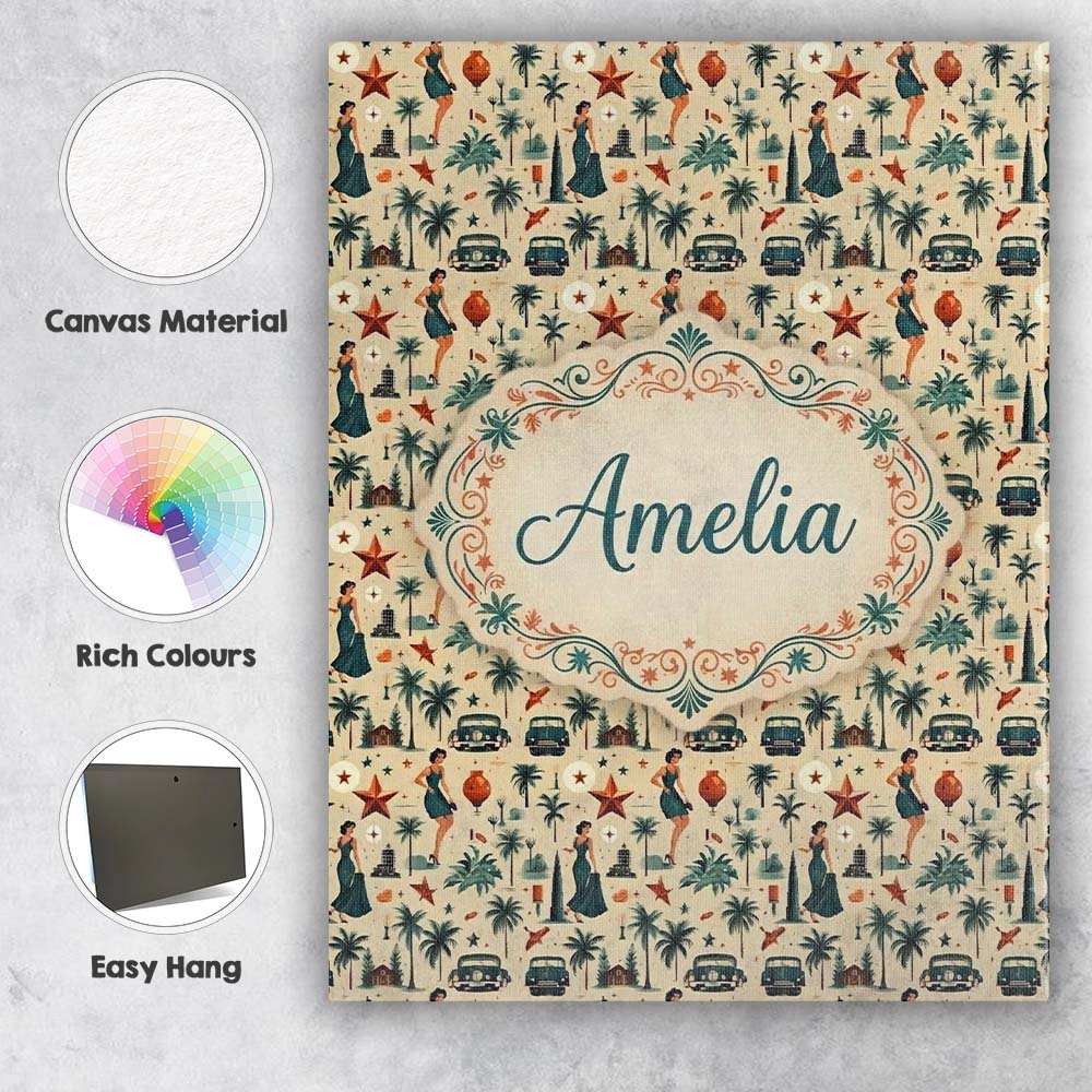 Personalised Name Retro Mid Century Fashion Custom  Bespoke Interior Contemporary Canvas Wall Art Print Decor Picture Ready to Hang
