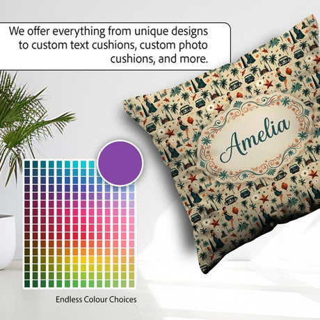 Custom Name Retro Mid Century Fashion Cars and Palm Pattern Name Square Filled Cushion Throw Pillow Sofa Bed Home Decor Zip Washable UK Made