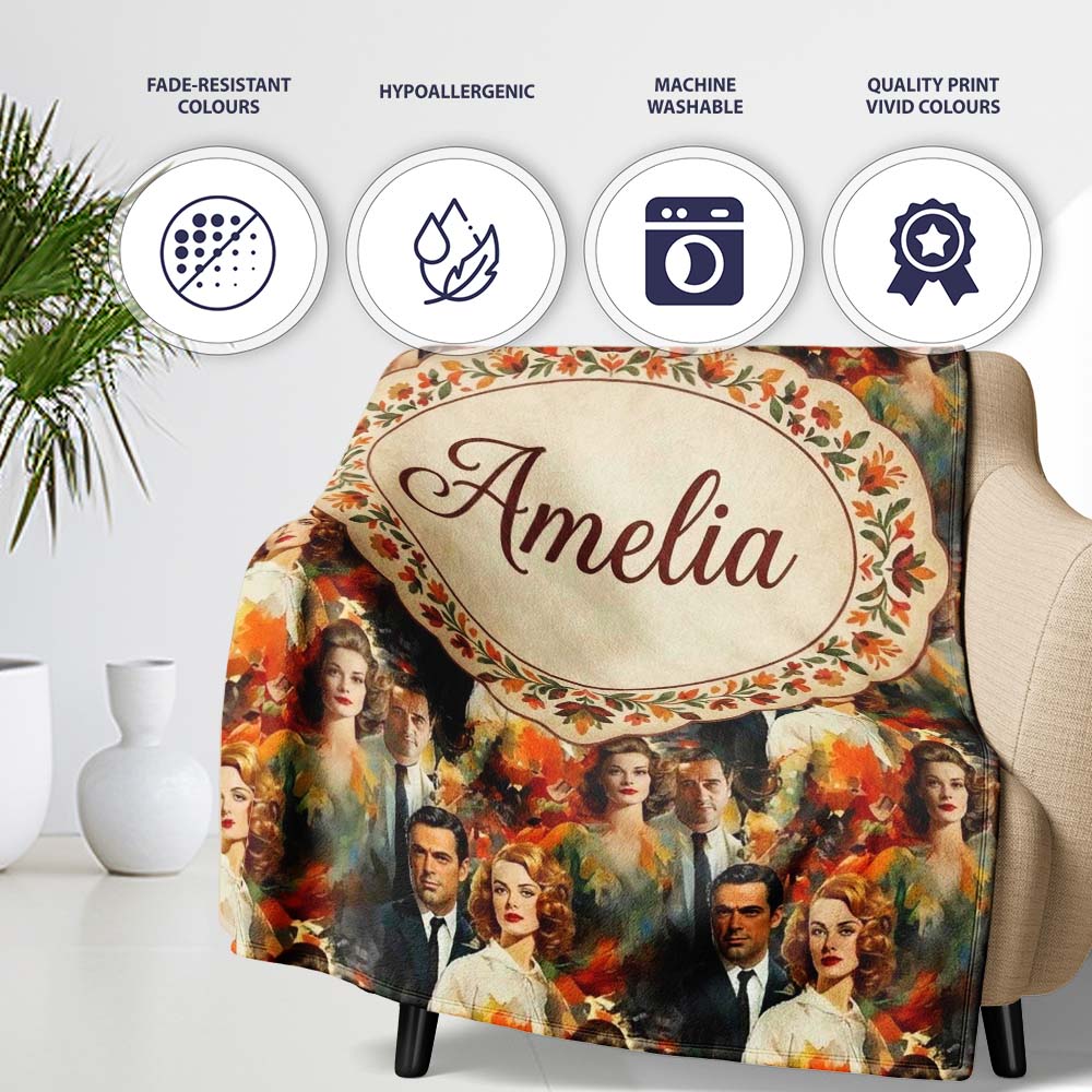 Classic Hollywood Glamour Portraits Artistic Seamless Pattern Name  Personalised Custom Name Super Soft Fleece Blanket Bed Sofa Throw