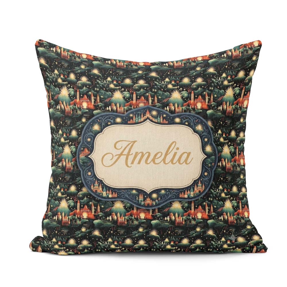 Custom Name Magical Night Cityscape with Stars and Hills Pattern Square Filled Cushion Throw Pillow Sofa Bed Home Decor Zip Washable UK Made