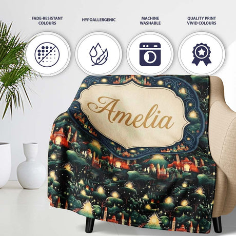 Magical Night Cityscape with Stars and Hills Seamless Pattern Name  Personalised Custom Name Super Soft Fleece Blanket Bed Sofa Throw
