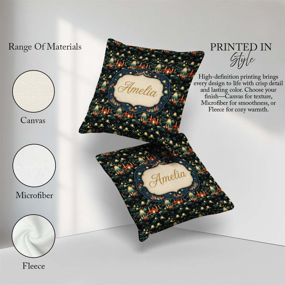 Custom Name Magical Night Cityscape with Stars and Hills Pattern Square Filled Cushion Throw Pillow Sofa Bed Home Decor Zip Washable UK Made