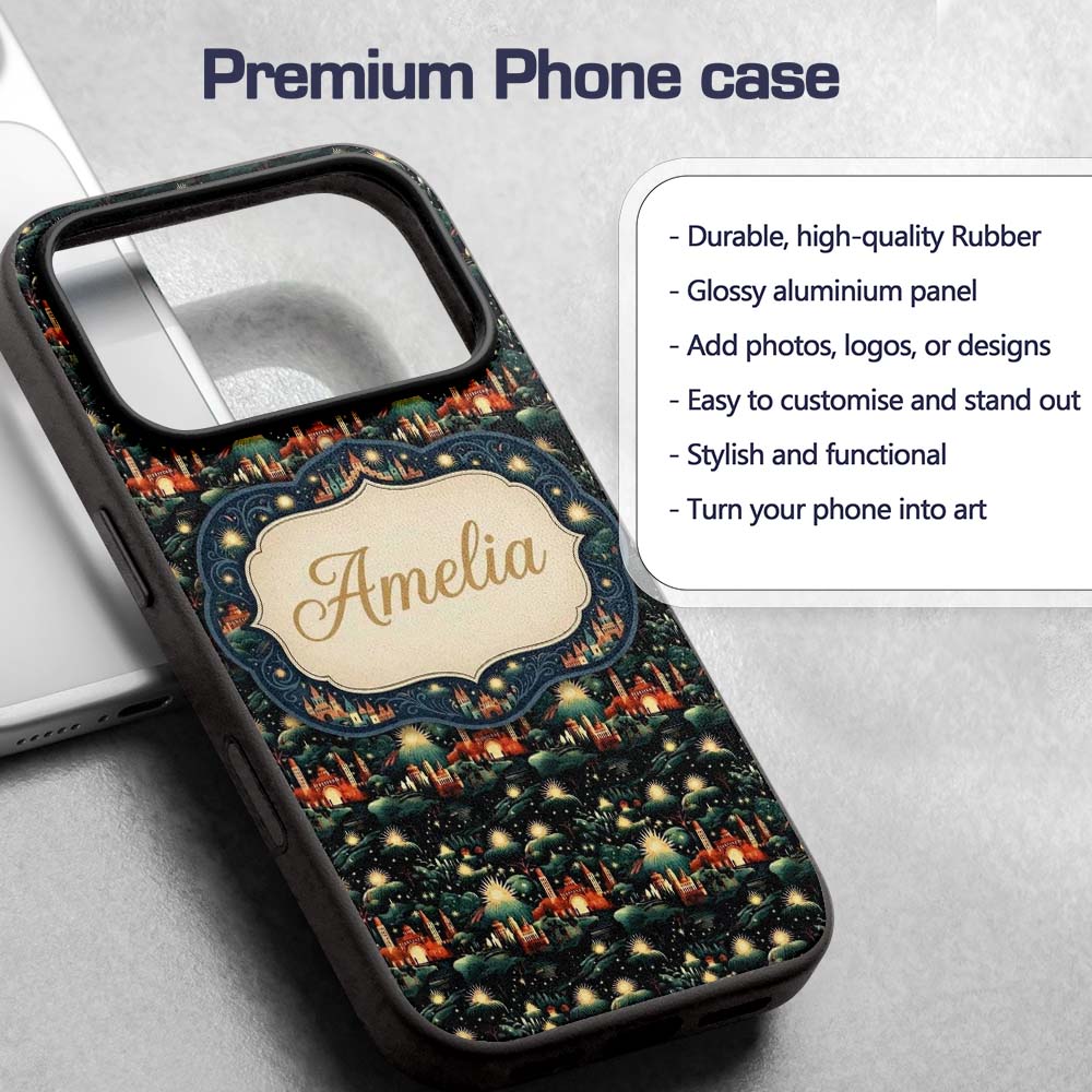Magical Night Cityscape with Stars and Hills Custom Name Protective Phone Case Mobile Cover Durable Everyday Smartphone Shock Resistant
