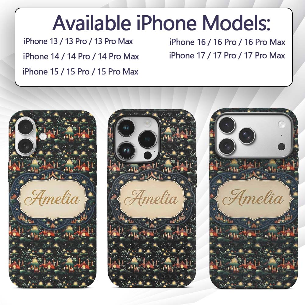 Magical Night Cityscape with Stars and Hills Custom Name Protective Phone Case Mobile Cover Durable Everyday Smartphone Shock Resistant
