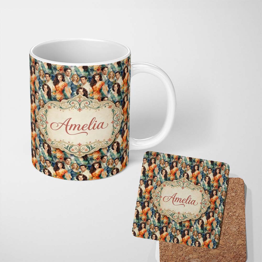 Personalized Custom Name Romantic Vintage Couples Floral Portrait Seamless Pattern Custom 11oz Ceramic Coffee Tea Mug White Large Handle