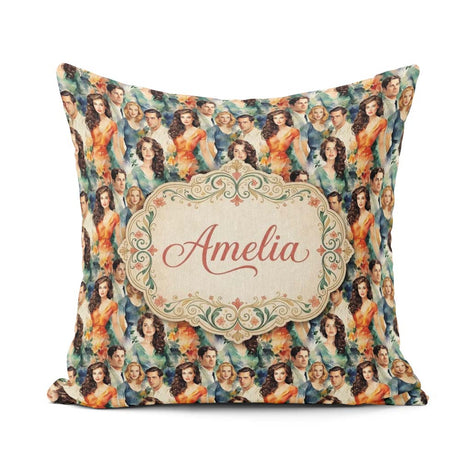 Custom Name Romantic Vintage Couples Portrait Seamless Pattern Square Filled Cushion Throw Pillow Sofa Bed Home Decor Zip Washable UK Made