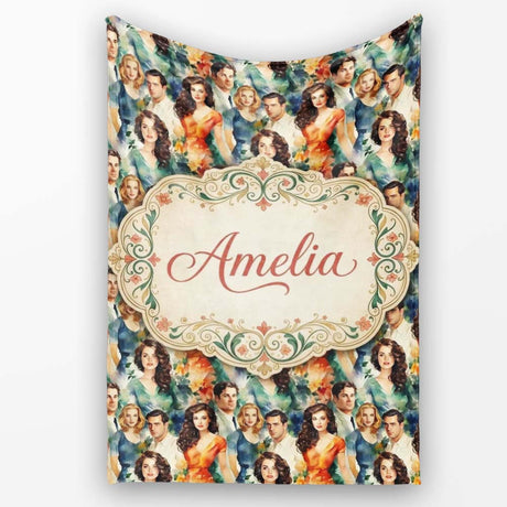 Romantic Vintage Couples Floral Portrait Seamless Pattern Custom  Personalised Custom Name Super Soft Fleece Blanket Bed Sofa Throw