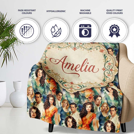 Romantic Vintage Couples Floral Portrait Seamless Pattern Custom  Personalised Custom Name Super Soft Fleece Blanket Bed Sofa Throw