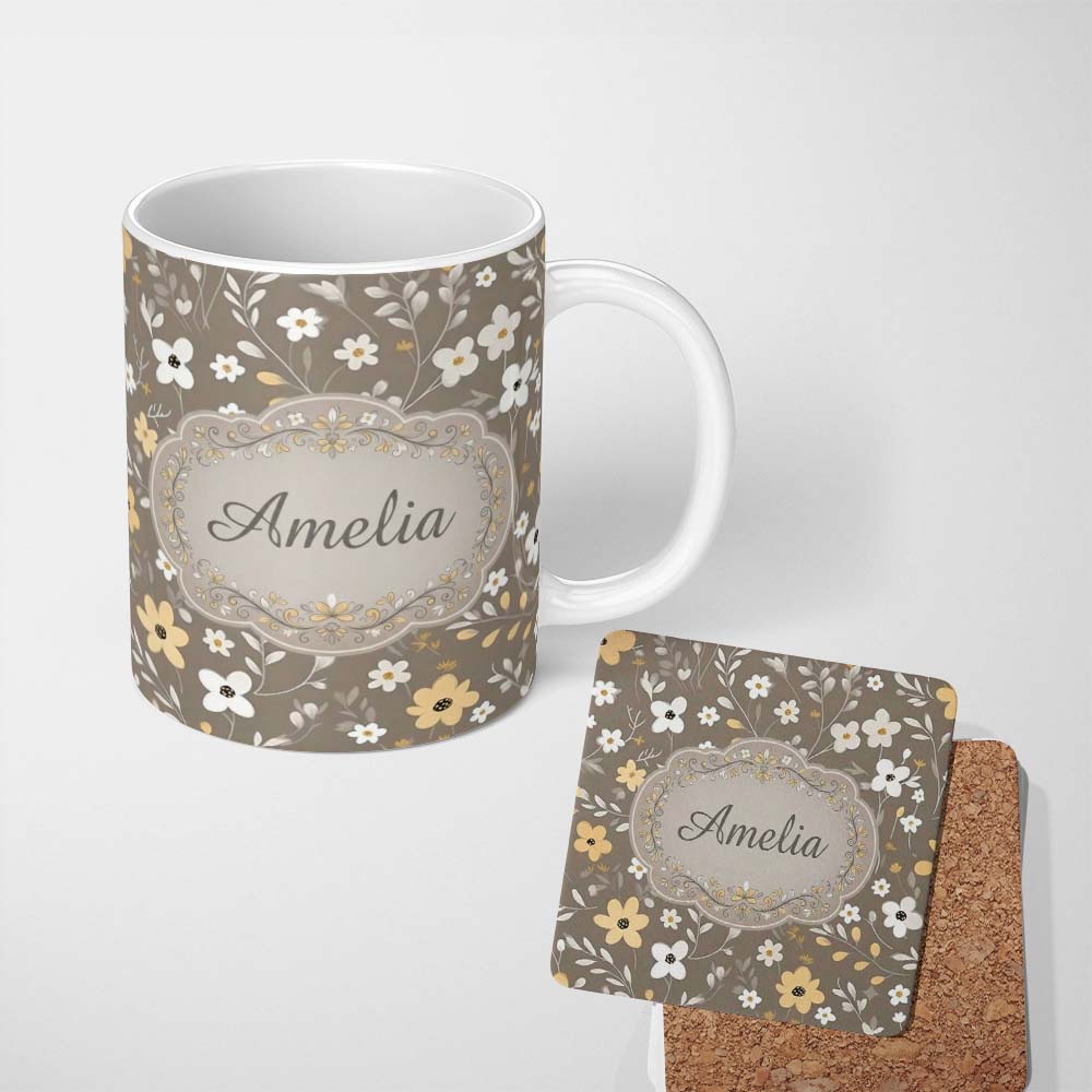 Personalized Custom Name Soft Neutral Floral Botanical Seamless Pattern Name Cute Unique Gift 11oz Ceramic Coffee Tea Mug White Large Handle