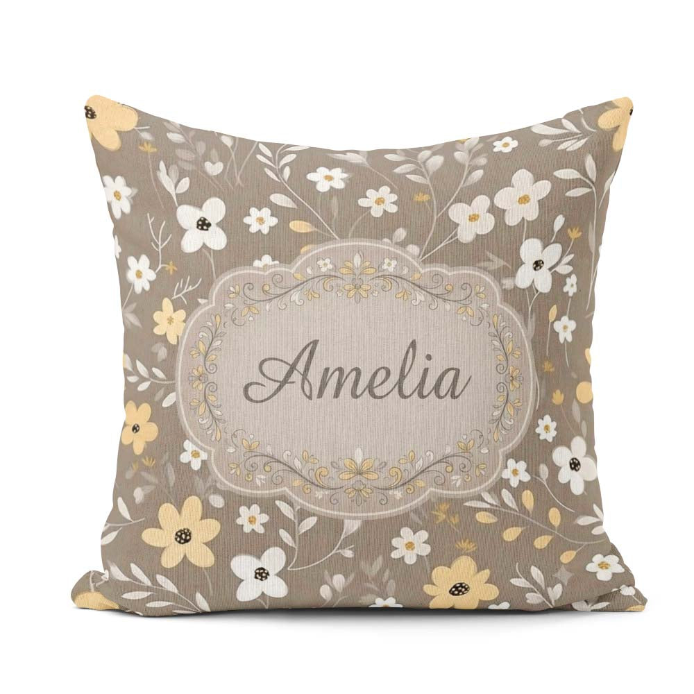 Custom Name Soft Neutral Floral Botanical Seamless Pattern Name Square Filled Cushion Throw Pillow Sofa Bed Home Decor Zip Washable UK Made