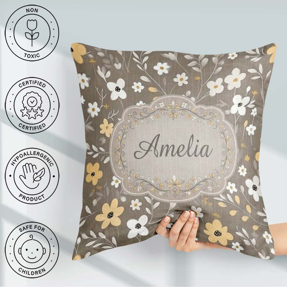 Custom Name Soft Neutral Floral Botanical Seamless Pattern Name Square Filled Cushion Throw Pillow Sofa Bed Home Decor Zip Washable UK Made