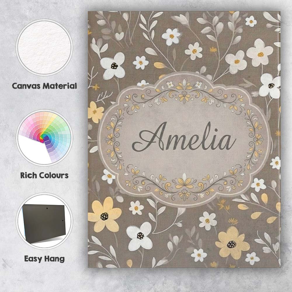 Personalised Name Soft Neutral Floral Custom Modern Room Accent Creative Decorator Style Canvas Wall Art Print Decor Picture Ready to Hang