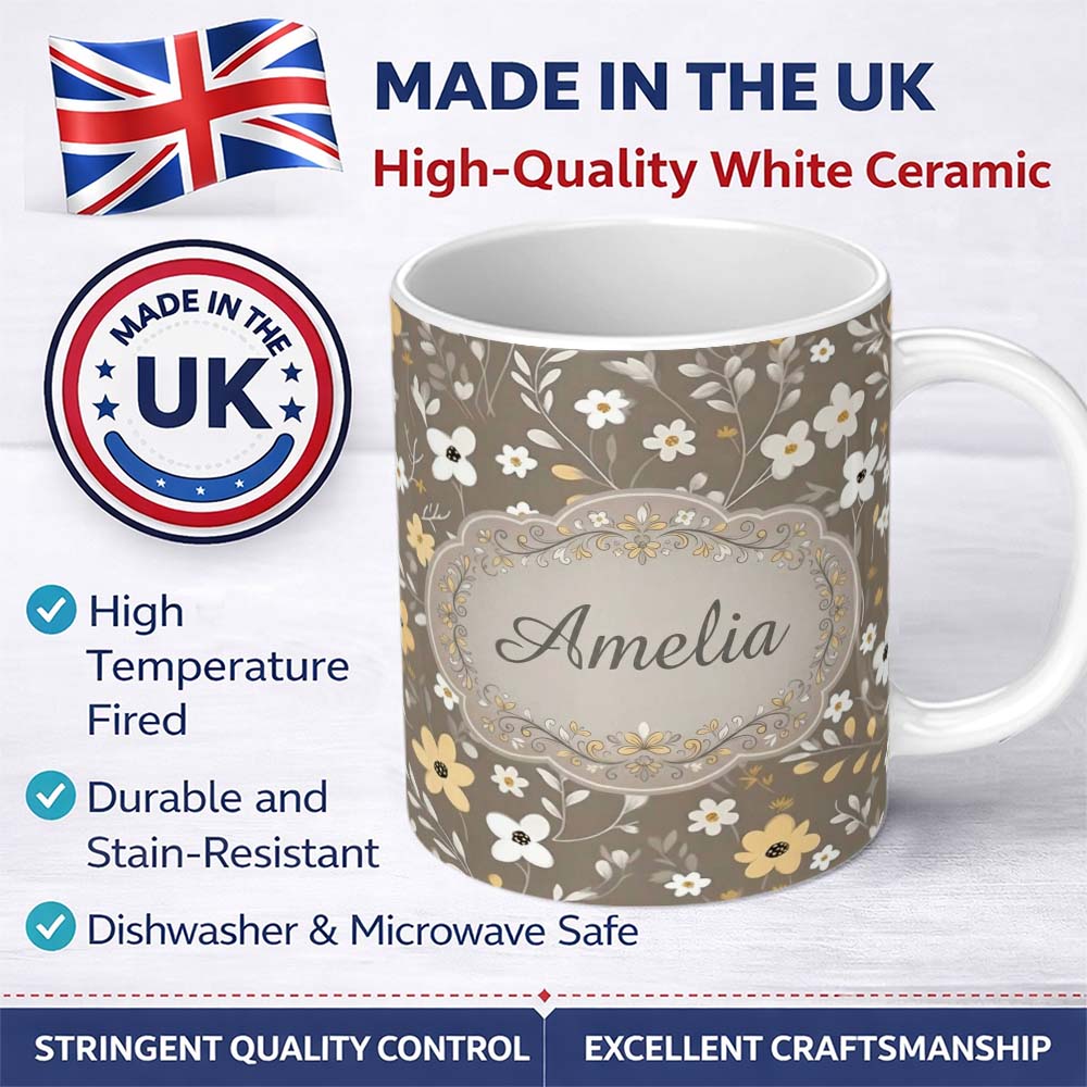Personalized Custom Name Soft Neutral Floral Botanical Seamless Pattern Name Cute Unique Gift 11oz Ceramic Coffee Tea Mug White Large Handle