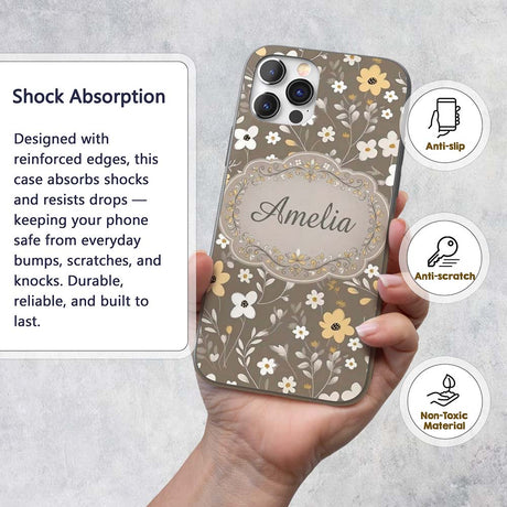 Soft Neutral Floral Botanical Seamless Pattern Custom Name Protective Phone Case Mobile Cover Durable Everyday Smartphone Shock Resistant