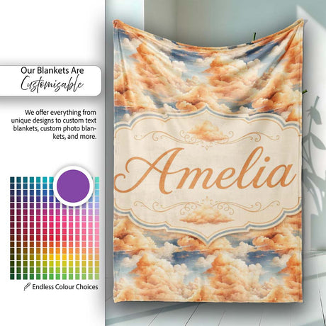 Dreamy Warm Sunset Clouds Sky Seamless Pattern Name Cute Unique Gift  Personalised Custom Name Super Soft Fleece Blanket Bed Sofa Throw