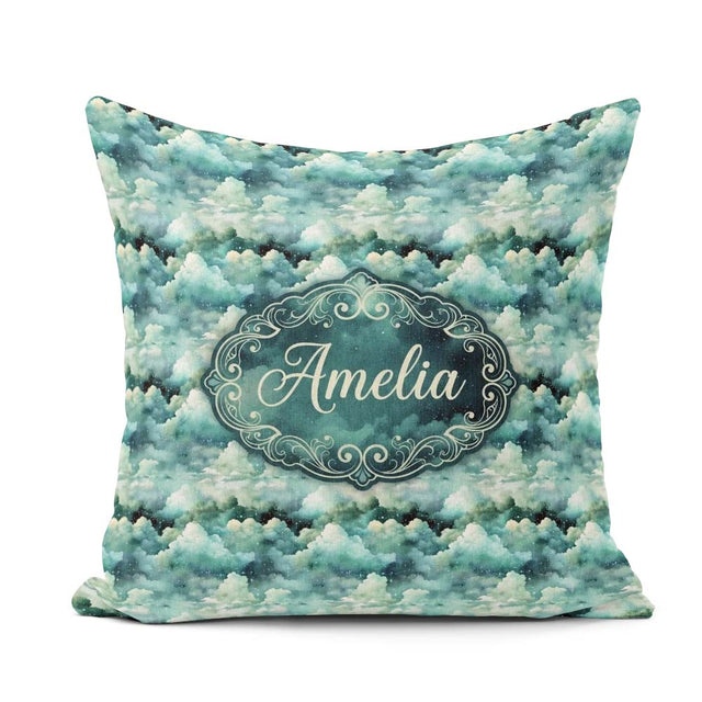 Custom Name Mystical Blue Green Clouds Sky Seamless Pattern Name Square Filled Cushion Throw Pillow Sofa Bed Home Decor Zip Washable UK Made
