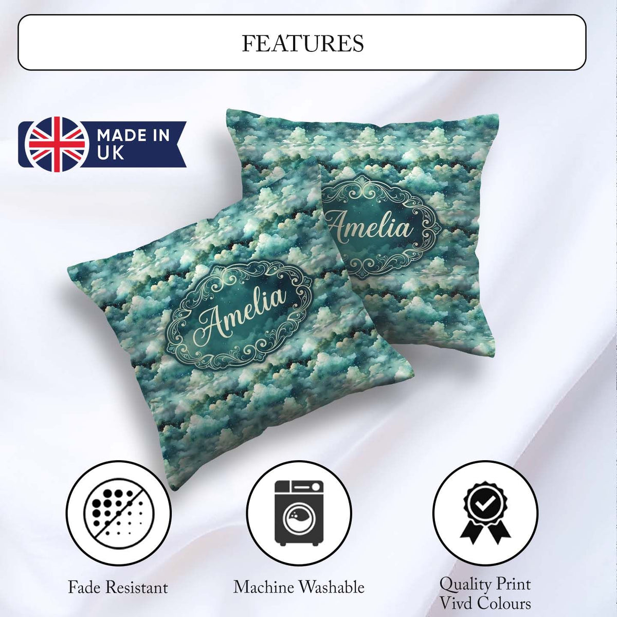 Custom Name Mystical Blue Green Clouds Sky Seamless Pattern Name Square Filled Cushion Throw Pillow Sofa Bed Home Decor Zip Washable UK Made