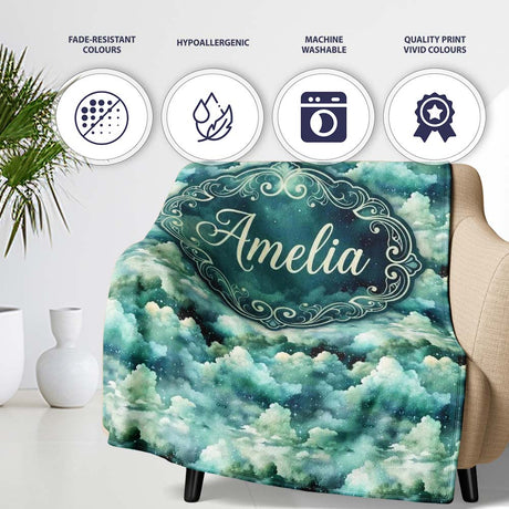 Mystical Blue Green Clouds Night Sky Seamless Pattern Name Cute  Personalised Custom Name Super Soft Fleece Blanket Bed Sofa Throw