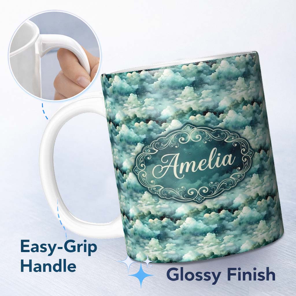 Personalized Custom Name Mystical Blue Green Clouds Night Sky Seamless Pattern Name Cute 11oz Ceramic Coffee Tea Mug White Large Handle