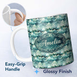 Personalized Custom Name Mystical Blue Green Clouds Night Sky Seamless Pattern Name Cute 11oz Ceramic Coffee Tea Mug White Large Handle