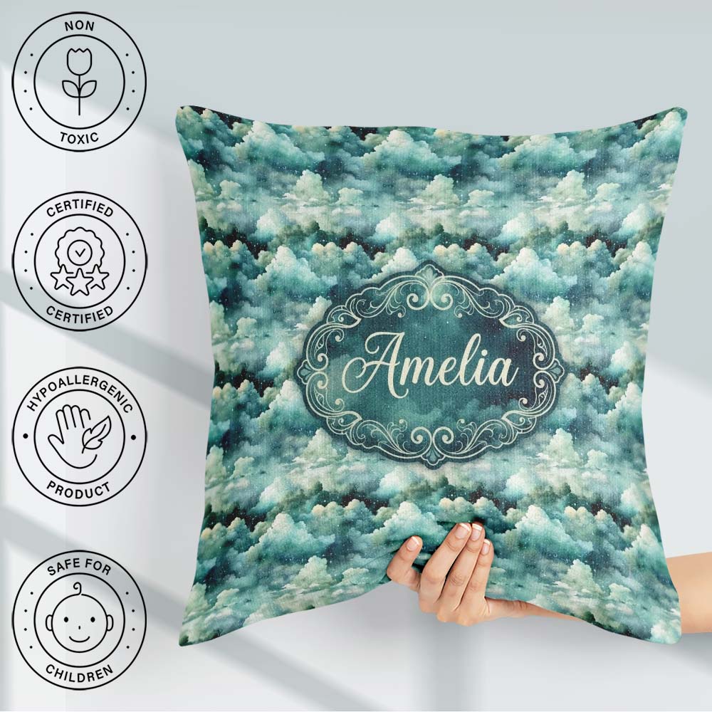 Custom Name Mystical Blue Green Clouds Sky Seamless Pattern Name Square Filled Cushion Throw Pillow Sofa Bed Home Decor Zip Washable UK Made