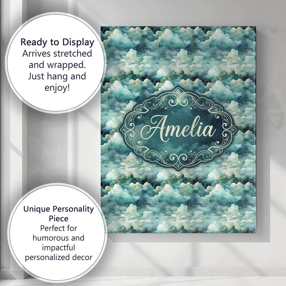 Personalised Name Mystical Blue Green Custom Modern Room Accent Creative Decorator Style Canvas Wall Art Print Decor Picture Ready to Hang