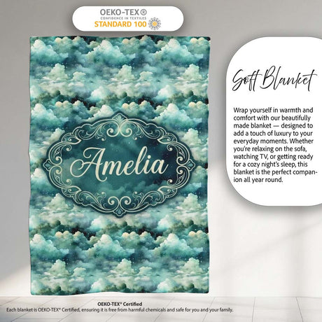 Mystical Blue Green Clouds Night Sky Seamless Pattern Name Cute  Personalised Custom Name Super Soft Fleece Blanket Bed Sofa Throw